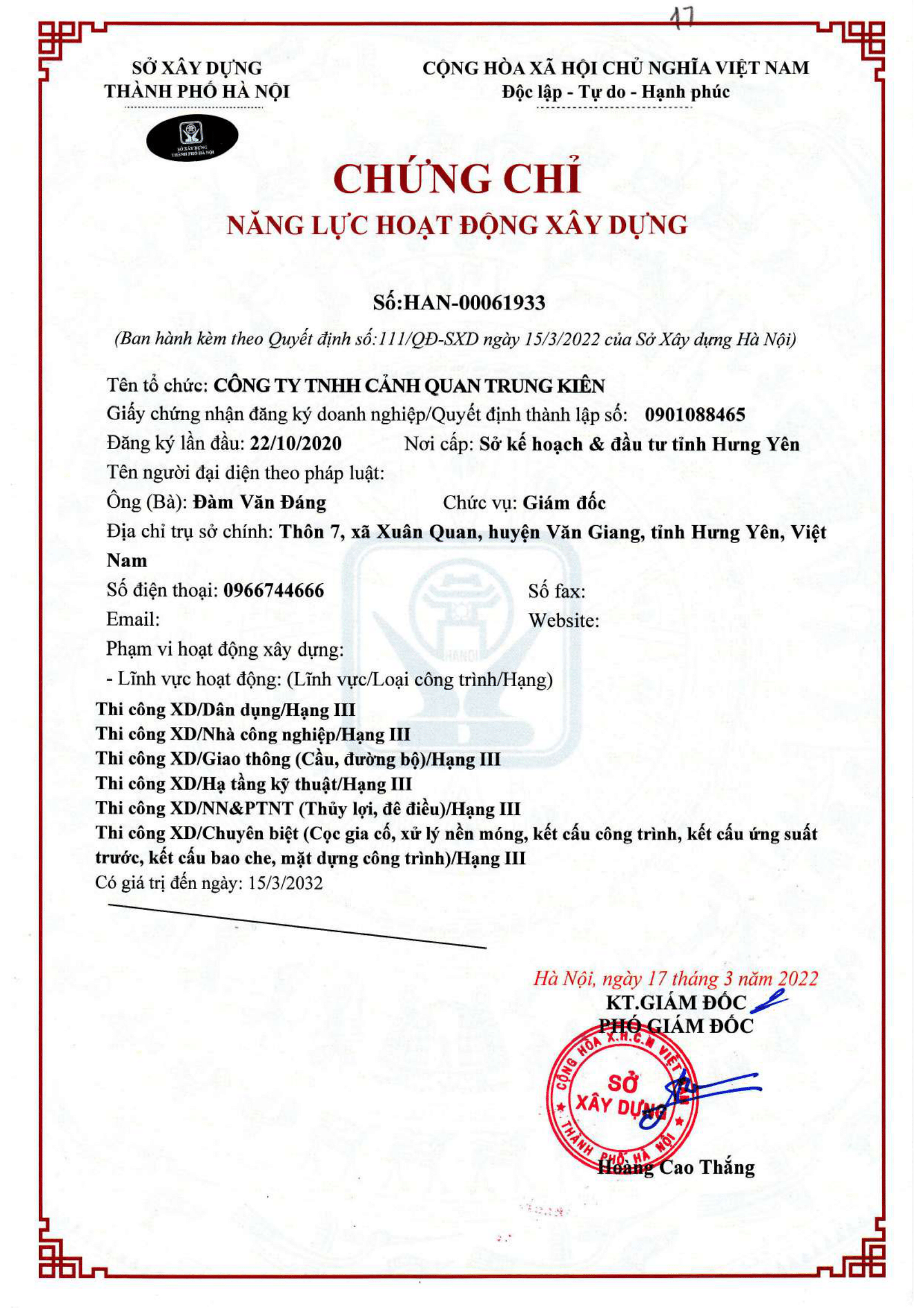 Chứng chỉ năng lực hoạt động xây dựng hạng III