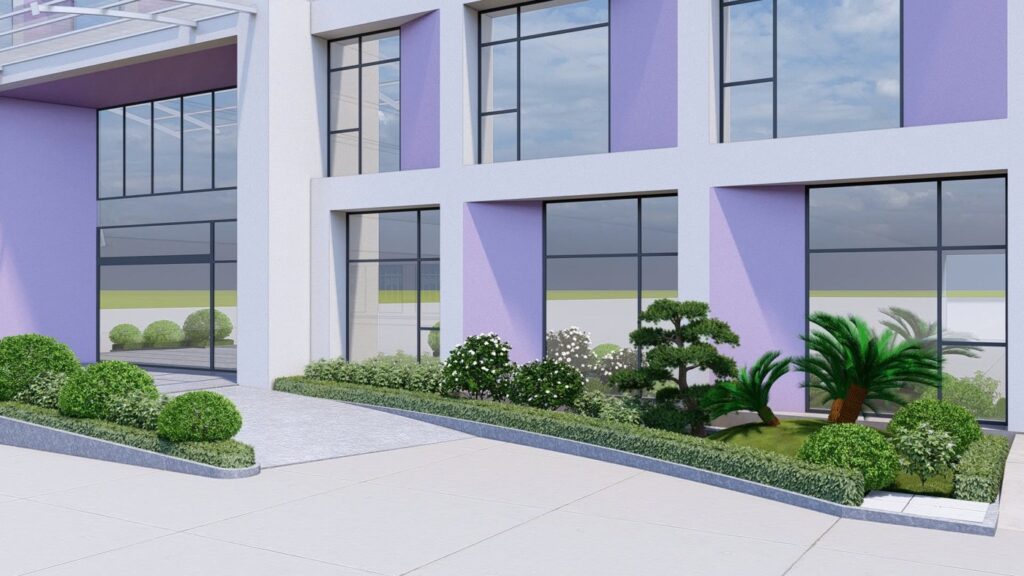 Phối cảnh cây xanh bên sảnh văn phòng Vina Coremax với các lớp cây thấp trong thiết kế của TKL