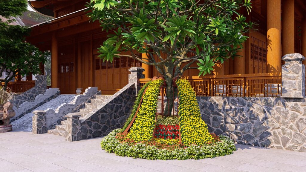 Phối cảnh tiểu cảnh hoa trước kiến trúc truyền thống Tây Thiên do TKL thiết kế